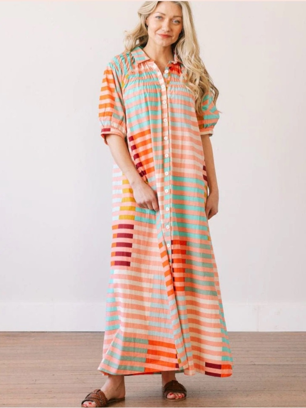 Sunshine Tienda Striped Button-Front Maxi Dress in Peach and Mint
